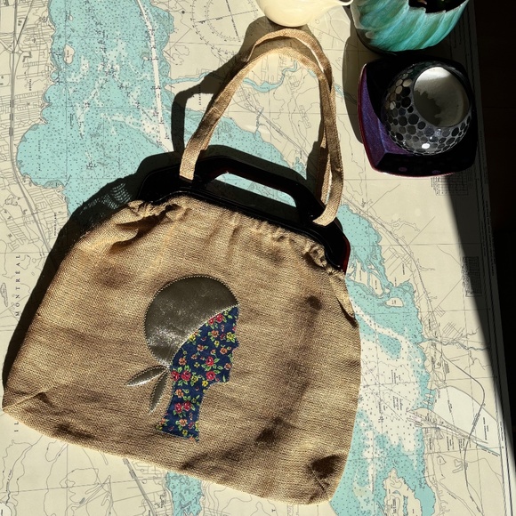 Vintage 70s Silhouette Burlap Tote - Picture 2 of 5